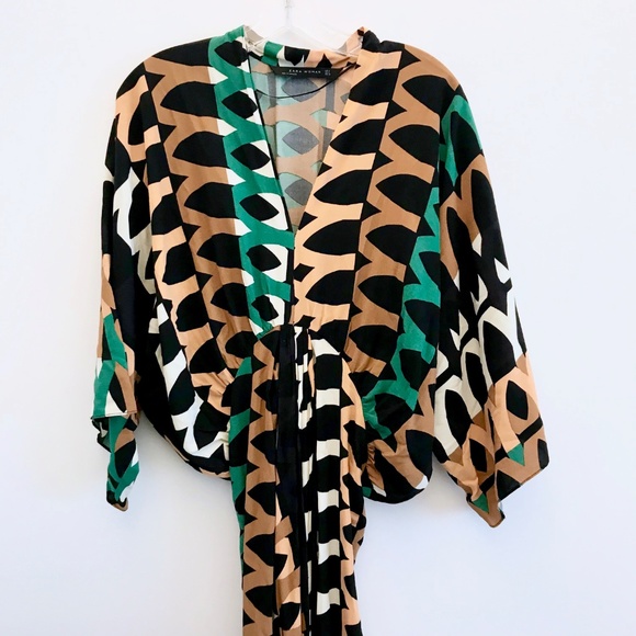 ZARA Printed Draped Kaftan Dress Safari Geo Kimono - Picture 4 of 8